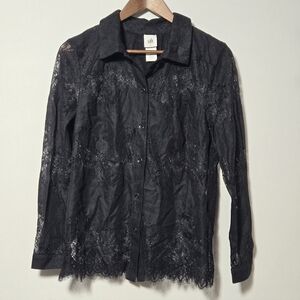 Cabi St. Regis Black Lace Sheer Button Down Longsleeve 3758 Top Womens Size S